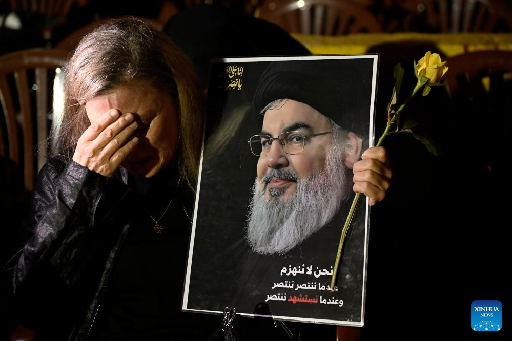 People take part in a ceremony to mark the second anniversary of the death of late Hezbollah leader Hassan Nasrallah in Beirut's southern suburbs, Lebanon, on Sept. 26, 2026. Hassan Nasrallah was killed in an Israeli airstrike on Sept. 27, 2024. (Xinhua/Bilal Jawich)