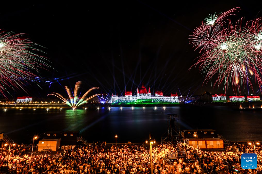An evening show featuring fireworks, choreographed drone displays and light projections is held to celebrate the Hungarian national day in Budapest, Hungary, Aug. 20, 2026. (Photo by David Balogh/Xinhua)