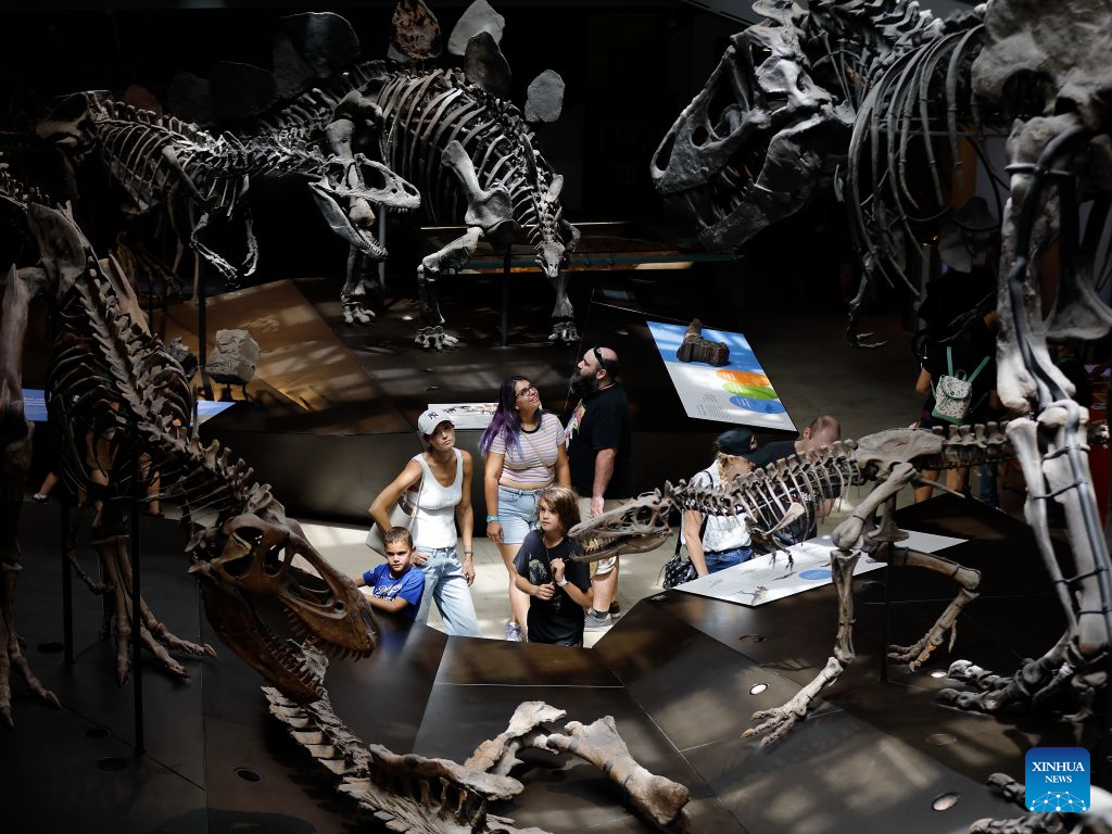 People visit the centerpiece of the Dinosaur Hall at the Natural History Museum of Los Angeles County during the 11th annual Dino Fest in Los Angeles, California, the United States, Aug. 30, 2026. (Photo by Qiu Chen/Xinhua)