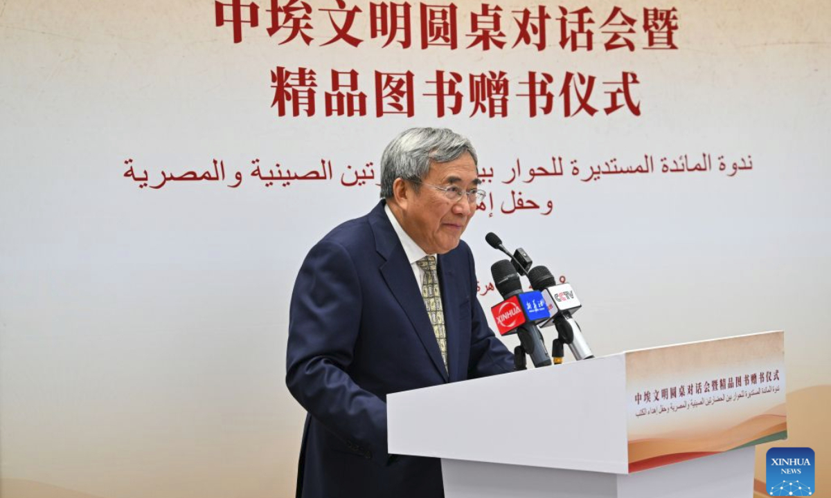 Ge Jianxiong, senior professor at Fudan University and director of the university library at the Chinese University of Hong Kong (Shenzhen), addresses a China-Egypt civilization roundtable dialogue and a book donation ceremony in Giza, Egypt, Sept. 30, 2026. (Xinhua/Xin Mengchen)