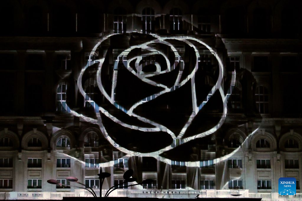 A 3D projection is seen during the iMapp Bucharest 2026, on the facade of the Parliament Palace, in Bucharest, Romania, Sept. 19, 2026. (Photo by Cristian Cristel/Xinhua)