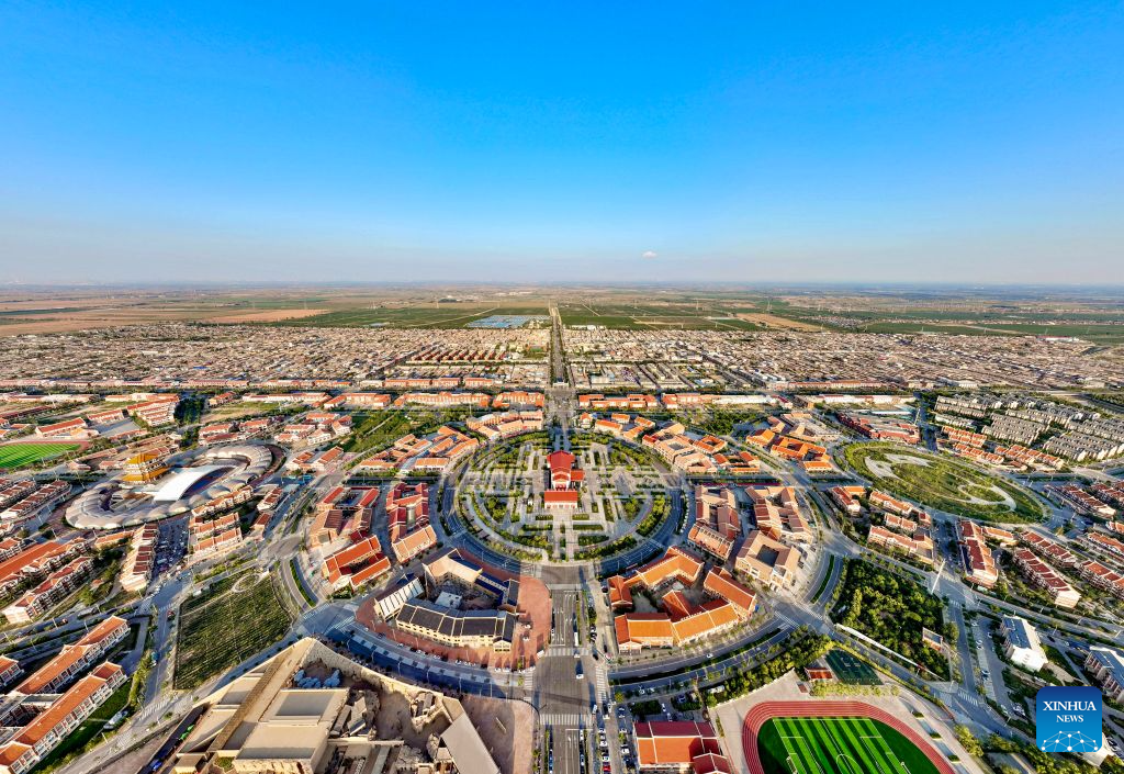 An aerial drone photo taken on Sept. 11, 2026 shows a view of Minning Town in Yongning County of Yinchuan, northwest China's Ningxia Hui Autonomous Region. (Xinhua/Yang Zhisen)