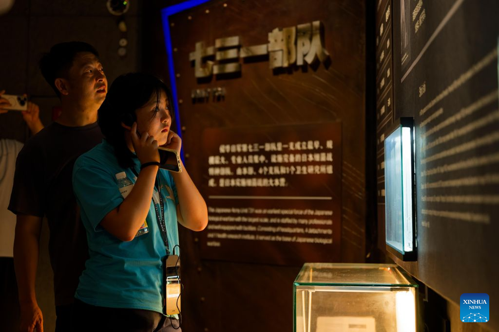 People visit the Exhibition Hall of Evidences of Crime Committed by Unit 731 of the Japanese Imperial Army in Pingfang District of Harbin, northeast China's Heilongjiang Province, Aug. 4, 2026. During the summer vacation, the Exhibition Hall of Evidences of Crime Committed by Unit 731 of the Japanese Imperial Army has greeted lots of visitors.
People tour the exhibition hall to view archival evidence exposing the germ warfare crimes perpetrated by notorious Japanese Unit 731 during World War II.
Unit 731 was a top-secret biological and chemical warfare research base established as the nerve center for Japanese biological warfare in China and Southeast Asia during WWII. At least 3,000 people were used in human experiments conducted by Unit 731, and more than 300,000 people in China were killed by Japan's biological weapons. (Xinhua/Zhang Tao)