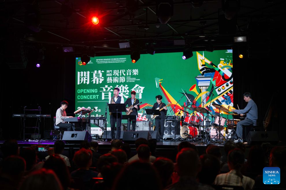 Artists perform during the opening concert of Macao International Contemporary Music Art Festival in Macao, south China, Aug. 3, 2026. (Xinhua/Cheong Kam Ka)