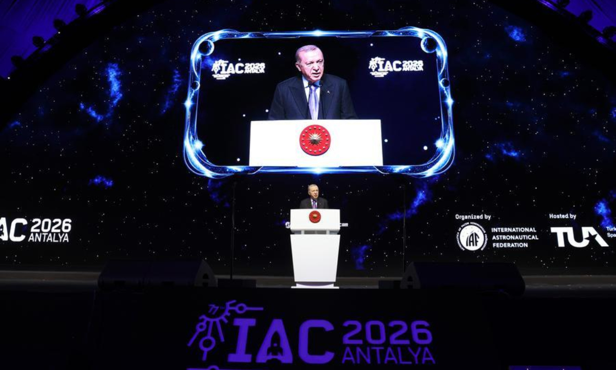 Turkish President Recep Tayyip Erdogan addresses the opening of the 77th International Astronautical Congress in Antalya, Türkiye, Oct. 5, 2026. (Mustafa Kaya/Handout via Xinhua)