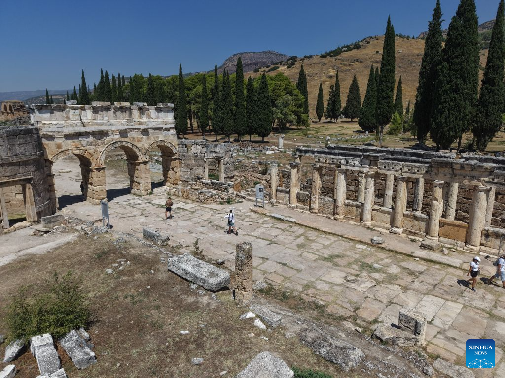 An aerial drone photo taken on Aug. 25, 2026 shows the ruins of the ancient city of Hierapolis in Denizli, Türkiye. The ruins of Hierapolis was listed as a UNESCO World Heritage Site in 1988. (Mustafa Kaya/Handout via Xinhua)