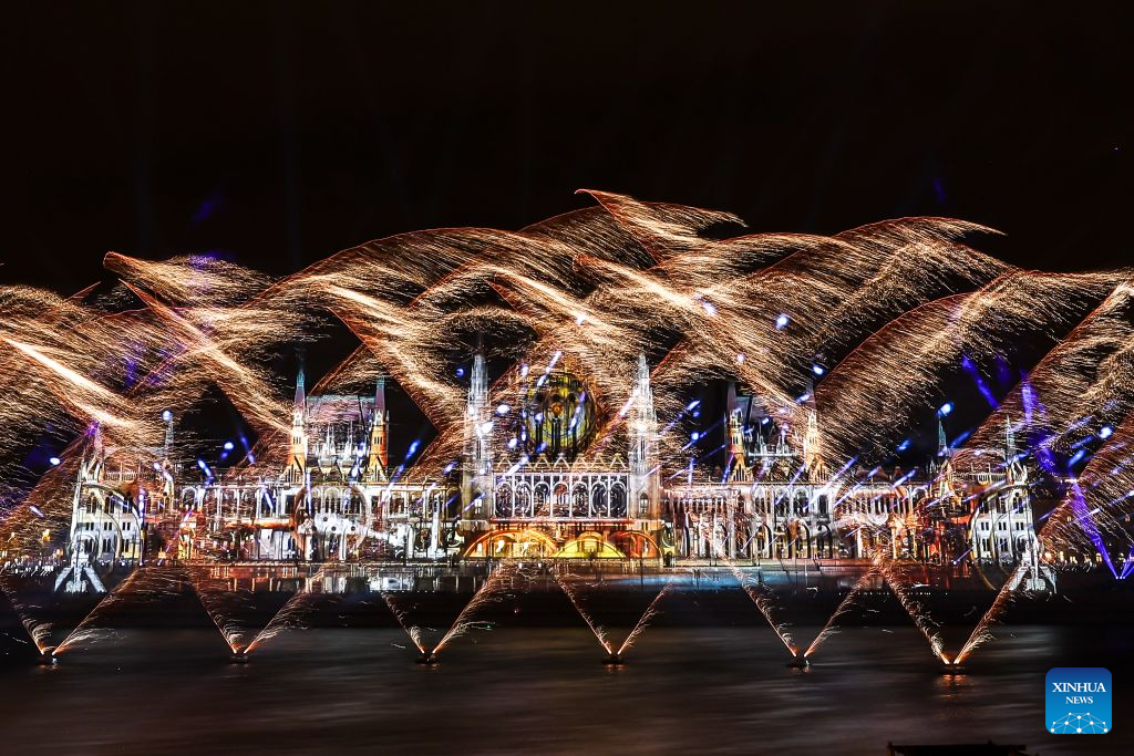 An evening show featuring fireworks, choreographed drone displays and light projections is held to celebrate the Hungarian national day in Budapest, Hungary, Aug. 20, 2026. (Photo by David Balogh/Xinhua)