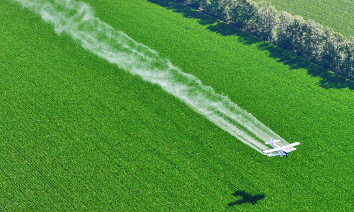 An aerial drone photo taken on July 29, 2026 shows an agricultural plane carrying out aerial crop protection operations over a corn field of Beidahuang Group in northeast China's Heilongjiang Province. (Photo :Xinhua)