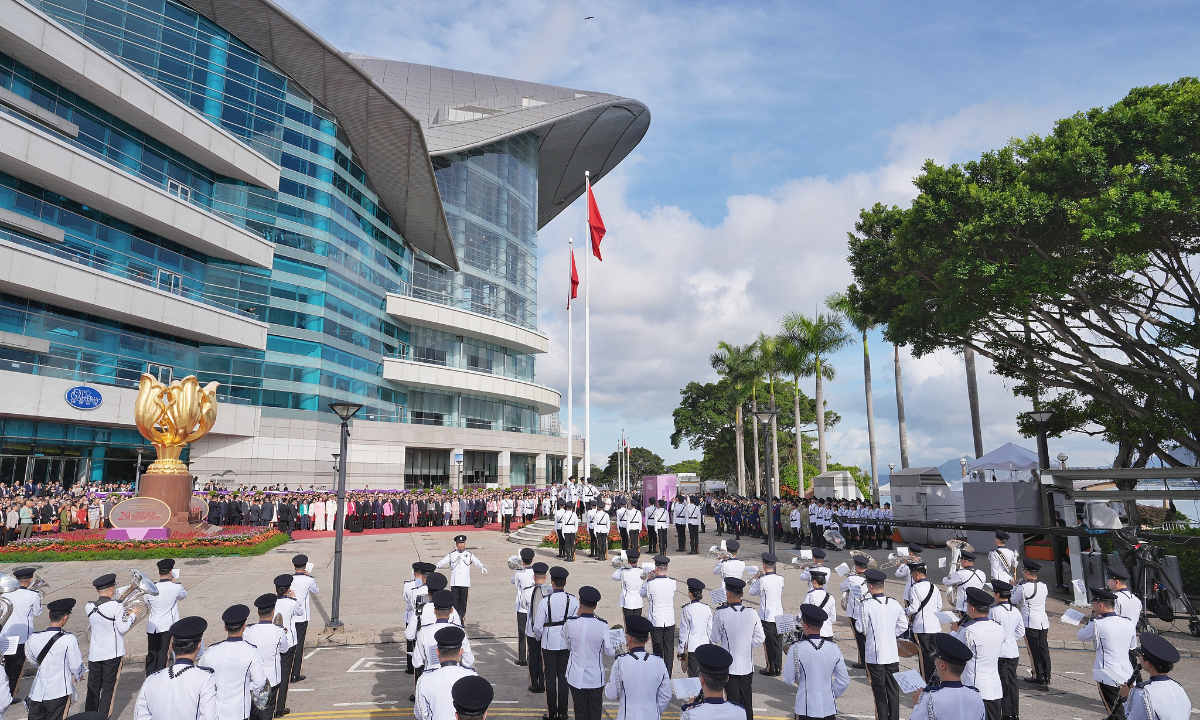 To celebrate the 29th anniversary of the establishment of the Hong Kong Special Administrative Region (HKSAR) and its return to the motherland, a flag-raising ceremony was held on July 1, 2026 at the Golden Bauhinia Square in Wan Chai. Photo: CNS Photo 