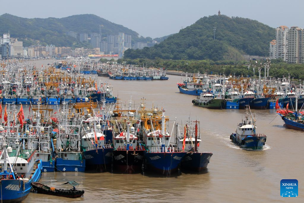 Fishing boats take shelter from the upcoming typhoon at a port in Zhoushan, east China's Zhejiang Province, Aug. 5, 2026.
As Typhoon Dolphin, the 13th typhoon of 2026, is approaching the East China Sea, Zhejiang activated an emergency response along its coastal areas from 6 p.m. Wednesday. (Photo by Hu Sheyou/Xinhua)