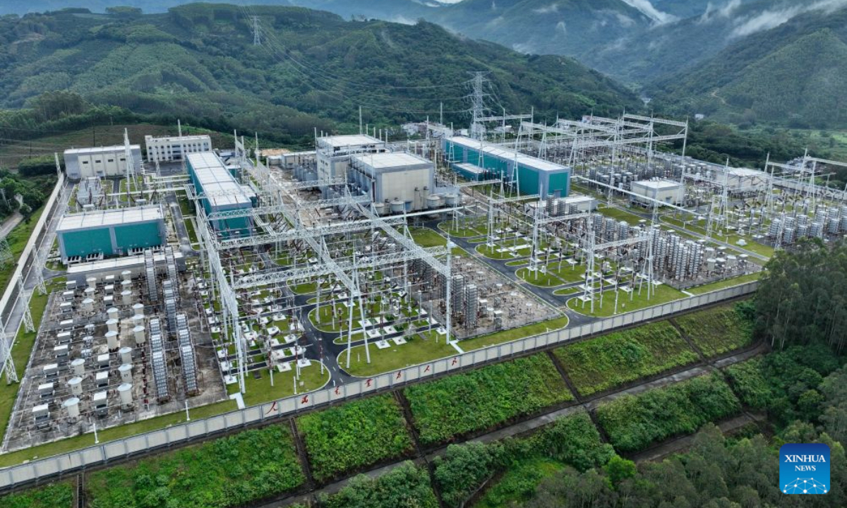 A drone photo shows a Fujian-Guangdong power interconnection project in Mapu Town of Yunxiao County, southeast China's Fujian Province, July 7, 2026. The province of Fujian is rich in high-quality clean energy resources like wind power, solar energy, hydro power and nuclear power. In recent years, Fujian has relied on its local clean energy endowment and geographical advantages to build its smart new power grids and develop the region as a major clean energy hub in southeast China. It has accelerated the construction of power transmission channels, steadily upgraded urban and rural distribution networks, promoted the construction of smart micro-grids, continuously revitalized its clean energy advantages, and consolidated the foundation of energy security through the construction of smart new power grids. (Xinhua/Lin Shanchuan)