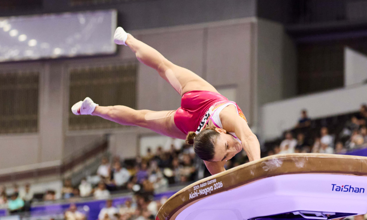 Uzbekistan gymnastics legend Oksana Chusovitina competes in the women’s vault final at the Asian Games at the Nagoya General Gymnasium in Nagoya, Japan on September 24, 2026. Photo: Courtesy of organizers