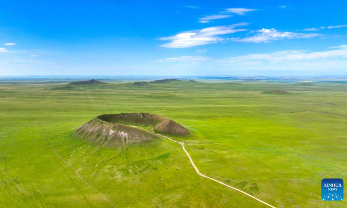 An aerial drone photo taken on July 19, 2026 shows a volcano in a national geopark in Xilingol League, north China's Inner Mongolia Autonomous Region. (Photo by Wang Zheng/Xinhua)