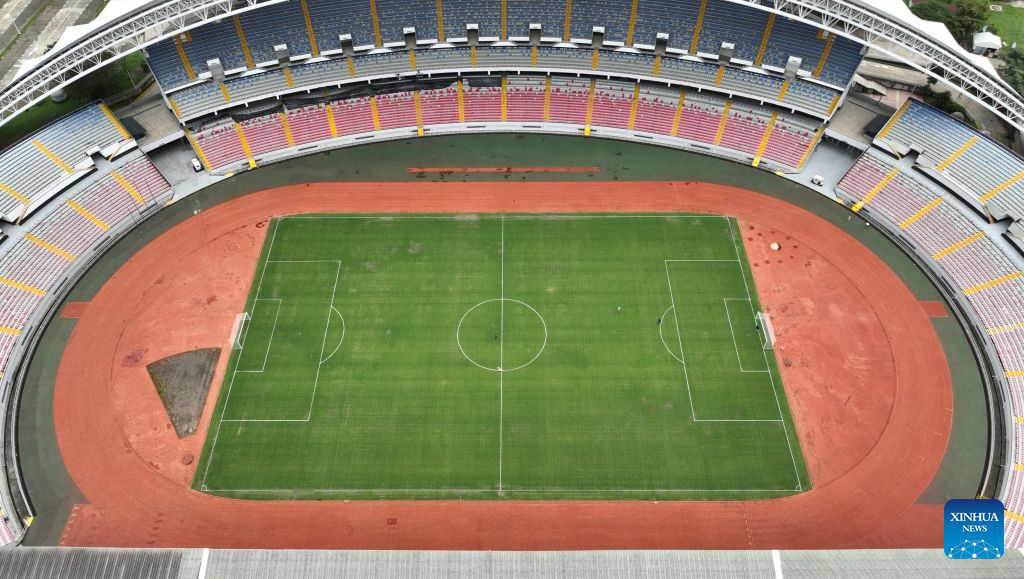 This aerial drone photo shows the China-aided National Stadium of Costa Rica in San Jose, Costa Rica, Sept. 22, 2026. With a standard football pitch, an athletics track and supporting facilities, the National Stadium of Costa Rica can accommodate about 35,000 spectators. (Xinhua/Liu Wenhui)