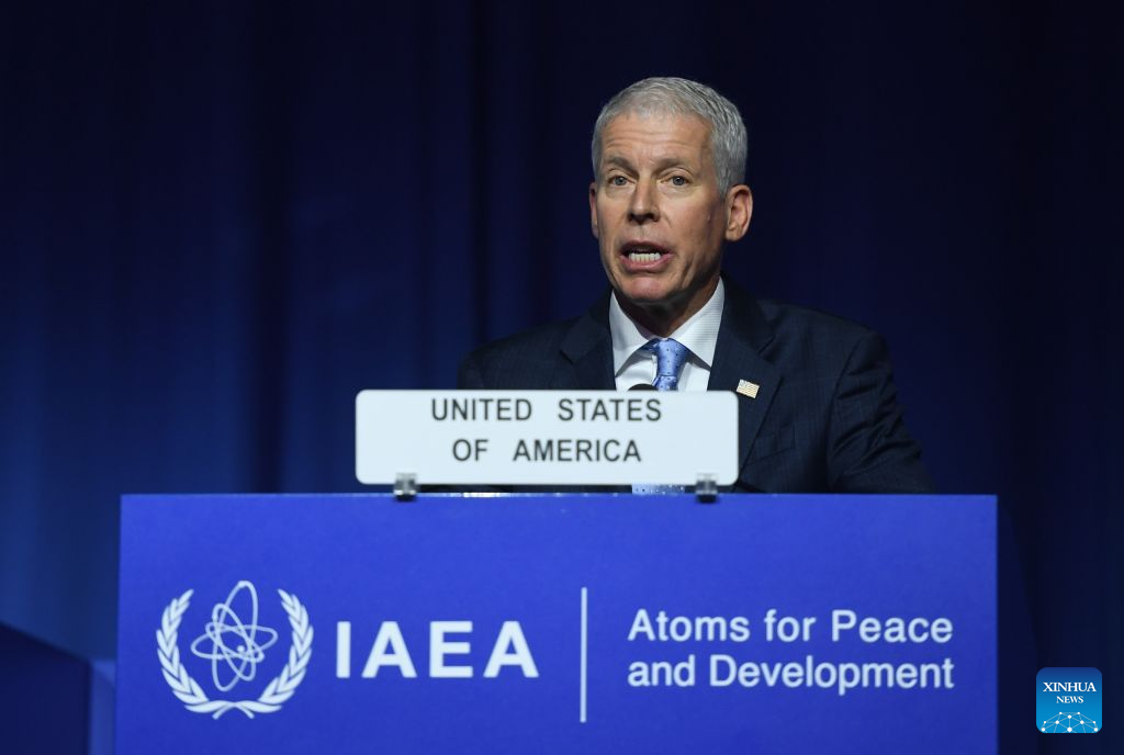 U.S. Secretary of Energy Chris Wright delivers a speech at a general conference of International Atomic Energy Agency (IAEA) in Vienna, Austria, Sept. 14, 2026. (Xinhua/He Canling)