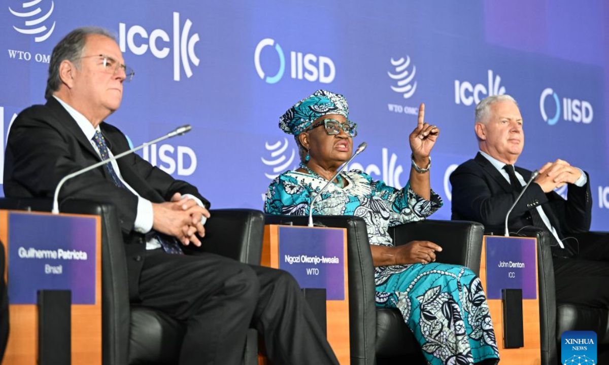 World Trade Organization (WTO) Director-General Ngozi Okonjo-Iweala (C) speaks at the WTO Public Forum in Geneva, Switzerland, Sept. 15, 2026. (Xinhua/Lian Yi)