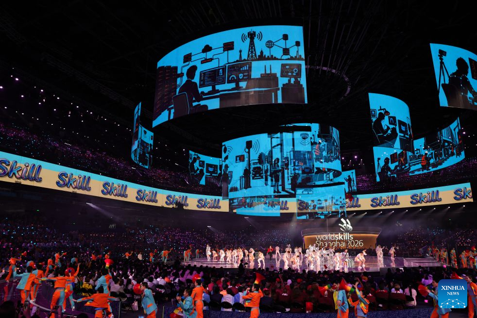 This photo taken on Sept. 27, 2026 shows a performance staged during the closing ceremony of the 48th WorldSkills Competition in Shanghai, east China. The 48th WorldSkills Competition closed here on Sunday. (Xinhua/Wang Jingqiang)