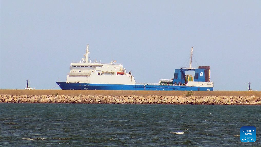 The ship, named Ural and owned by Kalyoncu Denizcilik, is pictured at the port of Samsun, Türkiye, Aug. 23, 2026. The ship, which was attacked around midnight off Russia's Black Sea port of Novorossiysk, has arrived at the Port of Samsun on Saturday. One sailor was killed and eight others were injured after it came under attack. (Mustafa Kaya/Handout via Xinhua)