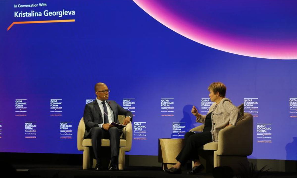 Kristalina Georgieva (R), managing director of the International Monetary Fund (IMF), speaks in a dialogue at a special edition of the Qatar Economic Forum in New York City, the United States, Sept. 20, 2026. (Xinhua/Liu Yanan)