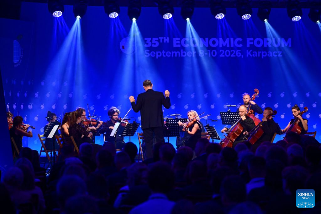 An orchestra performs during a gala event of the 35th Economic Forum in Karpacz, Poland, on Sept. 8, 2026. The 35th Economic Forum is held from Sept. 8 to 10 in Karpacz, bringing together representatives from politics, business, academia and other fields. (Photo by Aleksy Witwicki/Xinhua)