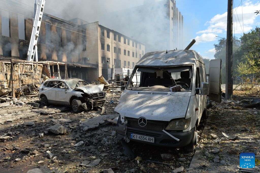 This photo taken on Sept. 8, 2026 shows a scene after Russian strikes in Kiev, Ukraine. Seven people were killed as Russia struck Kiev region with drones and missiles overnight. (Photo by Peter Druk/Xinhua)