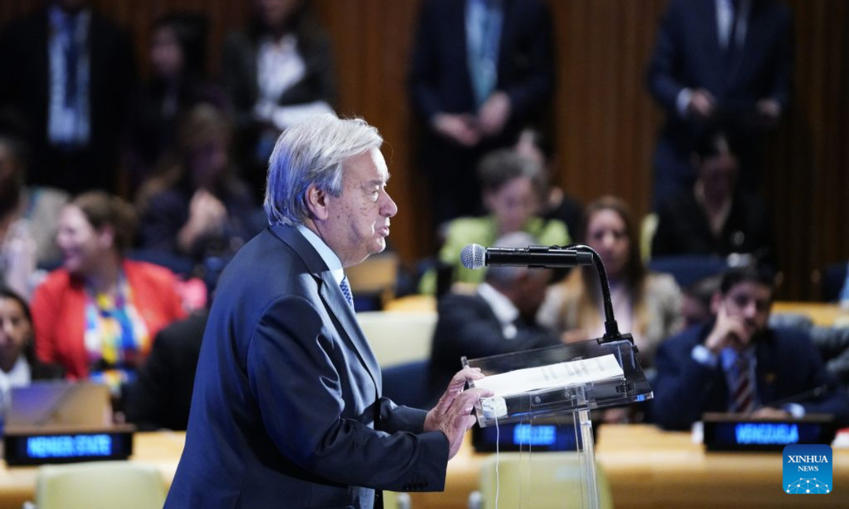 UN Secretary-General Antonio Guterres delivers a speech at a UN high-level event on Climate Action and the Just Transition at the UN headquarters in New York, on Sept. 23, 2026. Guterres on Wednesday urged efforts to increase financial support and strengthen cooperation in global climate action. (Xinhua/Wu Xiaoling)