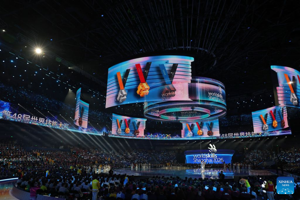 This photo taken on Sept. 27, 2026 shows the awarding ceremony held during the closing ceremony of the 48th WorldSkills Competition in Shanghai, east China. The 48th WorldSkills Competition closed here on Sunday. (Xinhua/Wang Jingqiang)