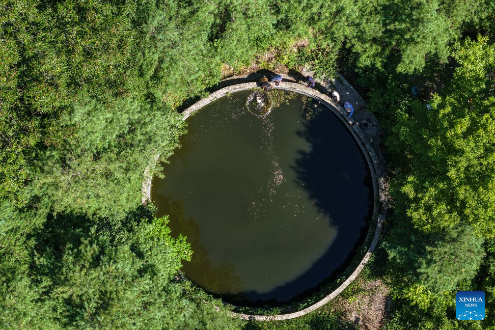 An aerial drone photo shows villagers clearing floating debris from an irrigation pond at Zhangjiahe Village of Kangxian County in Longnan City, northwest China's Gansu Province, Aug. 4, 2026. Kangxian, which suffered from heavy rainfall recently, has initiated campaigns to clear up rivers and restore drinking water facilities in the county, striving to bring people's work and daily life back to normal. (Xinhua/Lang Bingbing)