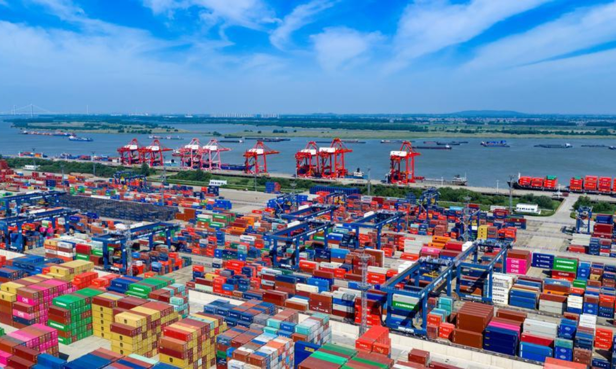 An aerial drone photo taken on May 17, 2026 shows a view of the Longtan Container Terminal at Nanjing Port, east China's Jiangsu Province.   (Photo by Yang Suping/Xinhua)