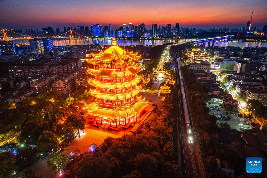 A drone photo taken on Sept. 6, 2026 shows the Yellow Crane Tower scenic area at sunset in Wuhan, central China's Hubei Province. (Xinhua/Xiao Yijiu)
