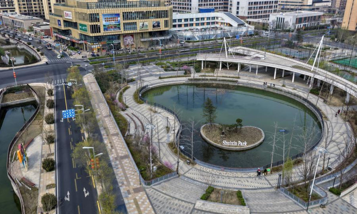 An aerial drone photo taken on March 27, 2026 shows a view in the Xiong'an New Area in north China's Hebei Province. (Xinhua/Xing Guangli)