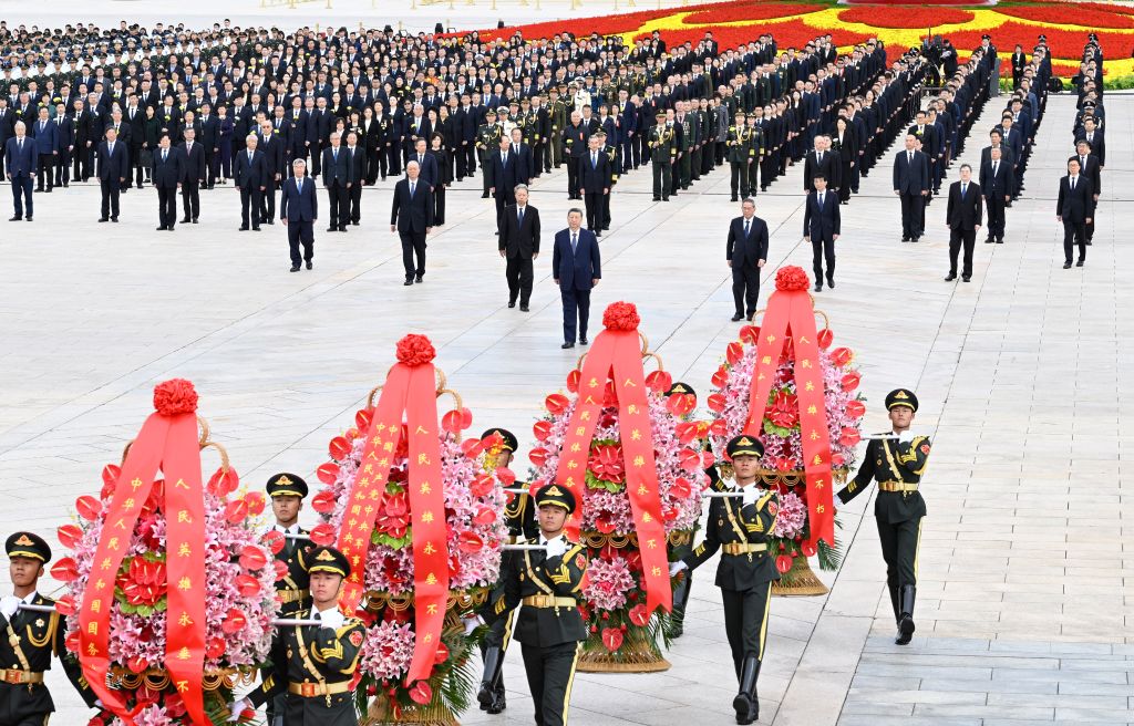 Chinese President Xi Jinping and other leaders of the Communist Party of China and the state including Li Qiang, Zhao Leji, Wang Huning, Cai Qi, Ding Xuexiang, Li Xi and Han Zheng attend a ceremony to present flower baskets to fallen national heroes at Tian'anmen Square in Beijing, capital of China, Sept. 30, 2026. The event was held to mark Martyrs' Day. Observed on Sept. 30, one day before National Day, the day commemorates those who gave their lives for national independence and prosperity. (Xinhua/Shen Hong)