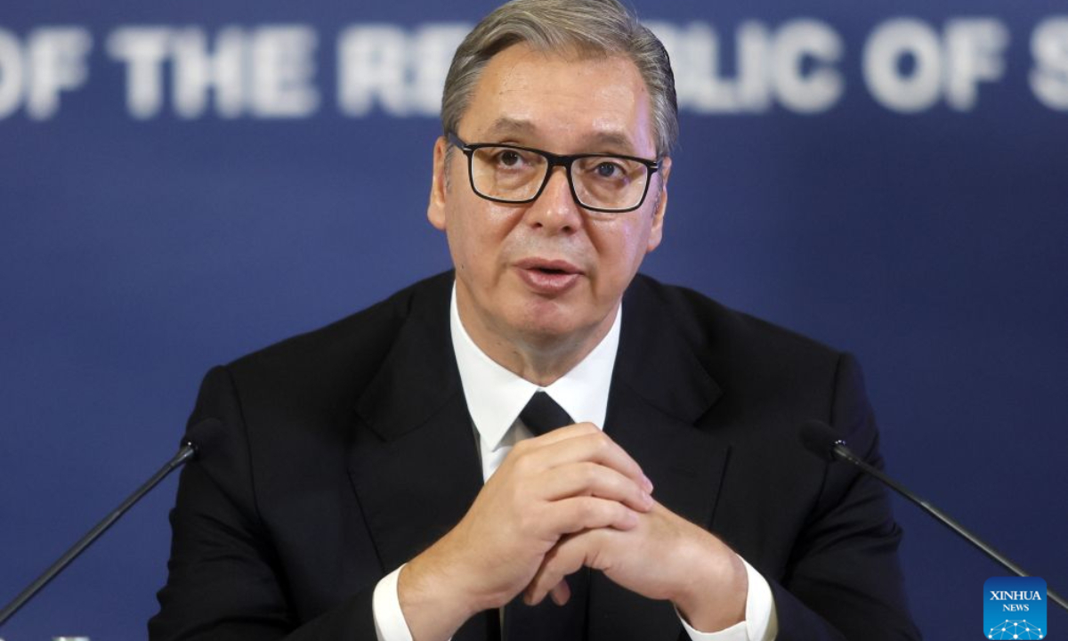 Serbian president Aleksandar Vucic speaks during a press conference in Belgrade, Serbia, Sept. 27, 2026. Aleksandar Vucic signed and submitted his resignation on Sunday, stepping down as president. (Photo by Predrag Milosavljevic/Xinhua)
