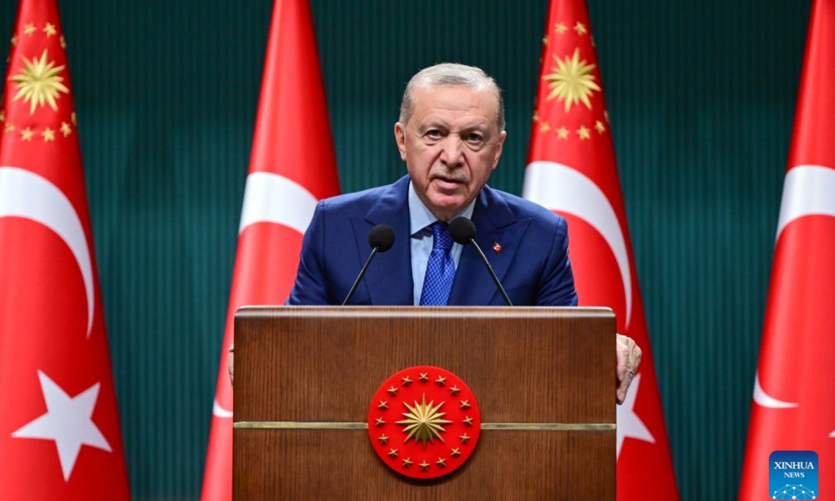 Turkish President Recep Tayyip Erdogan makes statement at a press conference following a cabinet meeting held at the Presidential Palace in Ankara, Türkiye, Sept. 7, 2026. Türkiye will continue to develop its relations with the Shanghai Cooperation Organization (SCO), Erdogan said on Monday. (Mustafa Kaya/Handout via Xinhua)