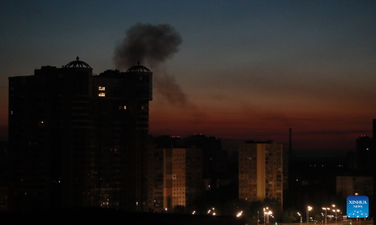 Black smoke rises after Russian attacks on Kiev, Ukraine, on July 2, 2026. The Russian Armed Forces carried out what Moscow described as a massive retaliatory strike on military-industrial enterprises and fuel and energy infrastructure in Kiev and the surrounding region, the Russian Defense Ministry said Thursday. Ukrainian officials said Russia's overnight attacks on Kiev killed at least 13 people and injured 86 others. Kiev Mayor Vitali Klitschko said in a Telegram post that 70 of the injured had been hospitalized. (Xinhua/Li Dongxu)