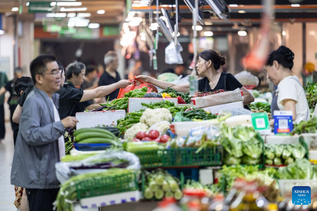 Consumers shop at a market in Huzhou, east China's Zhejiang Province, July 9, 2026. The consumer price index (CPI), a main gauge of inflation, rose 1 percent year on year in the first six months of 2026, data from the National Bureau of Statistics (NBS) revealed. In June alone, the CPI gained 1 percent year on year and edged down 0.3 percent month on month, with the core CPI, which excludes food and energy prices, increasing by 1 percent year on year, continuing the moderate upward trend. (Photo by Yi Fan/Xinhua)