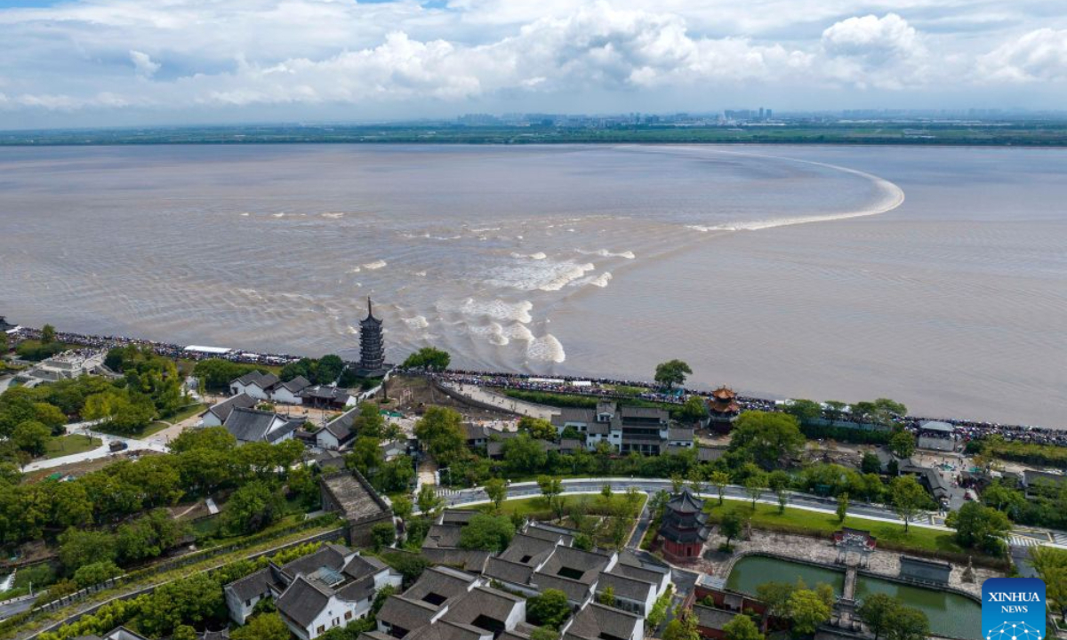 An aerial drone photo taken on Aug. 30, 2026 shows tourists watching the tidal bore of the Qiantang River in Haining City, east China's Zhejiang Province. (Photo by Tang Dehong/Xinhua)