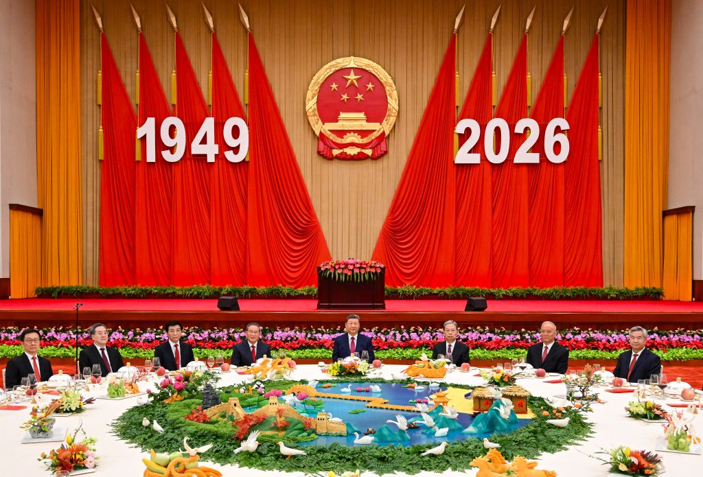 The Communist Party of China and state leaders Xi Jinping, Li Qiang, Zhao Leji, Wang Huning, Cai Qi, Ding Xuexiang, Li Xi and Han Zheng attend a reception to celebrate the 77th anniversary of the founding of the People's Republic of China along with around 800 guests at the Great Hall of the People in Beijing, capital of China, Sept. 30, 2026. (Xinhua/Yan Yan)