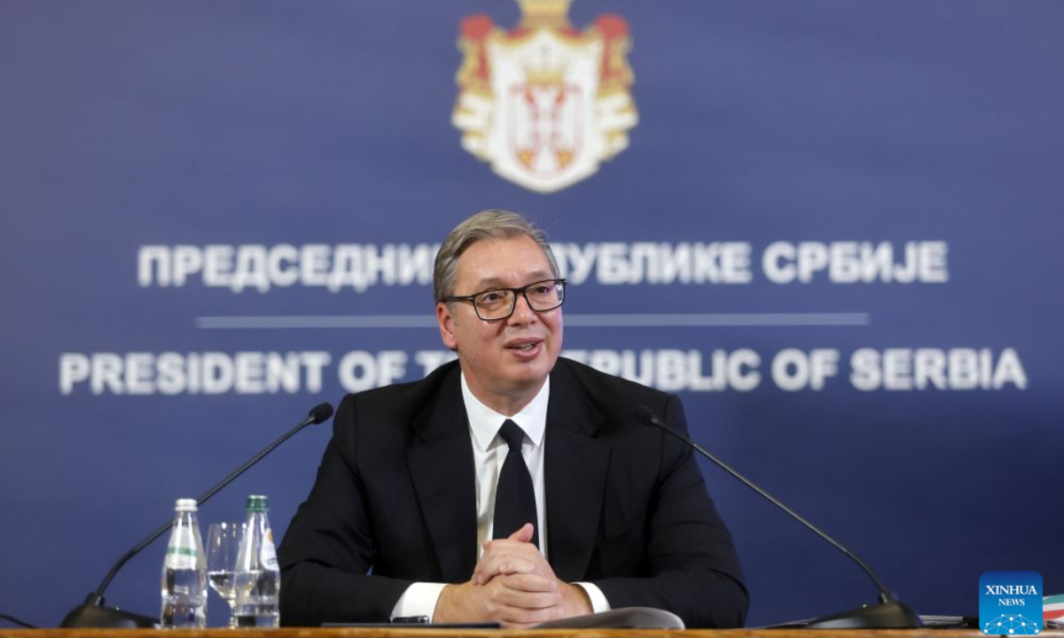 Serbian president Aleksandar Vucic speaks during a press conference in Belgrade, Serbia, Sept. 27, 2026. Aleksandar Vucic signed and submitted his resignation on Sunday, stepping down as president. (Photo by Predrag Milosavljevic/Xinhua)