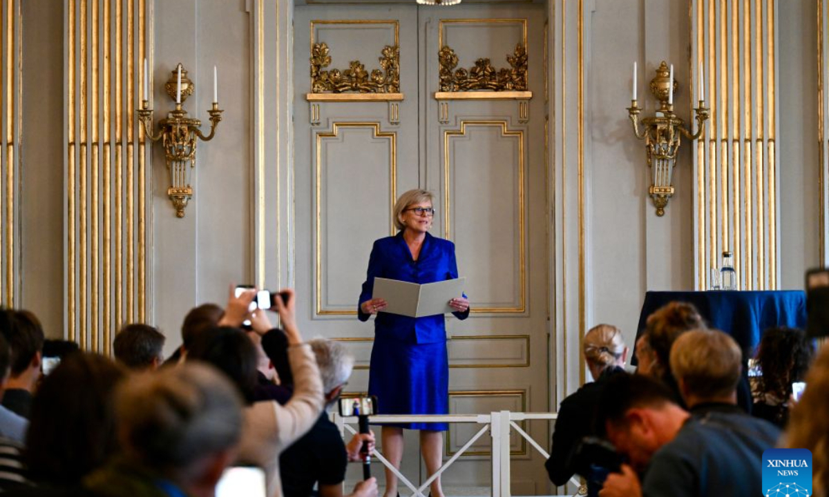 The 2026 Nobel Prize in Literature is announced in Stockholm, Sweden, Oct. 8, 2026. Canadian writer Anne Carson has been awarded the 2026 Nobel Prize in Literature, becoming the second Canadian author ever to receive the honor, the Swedish Academy announced on Thursday. (Xinhua/Lyu You)