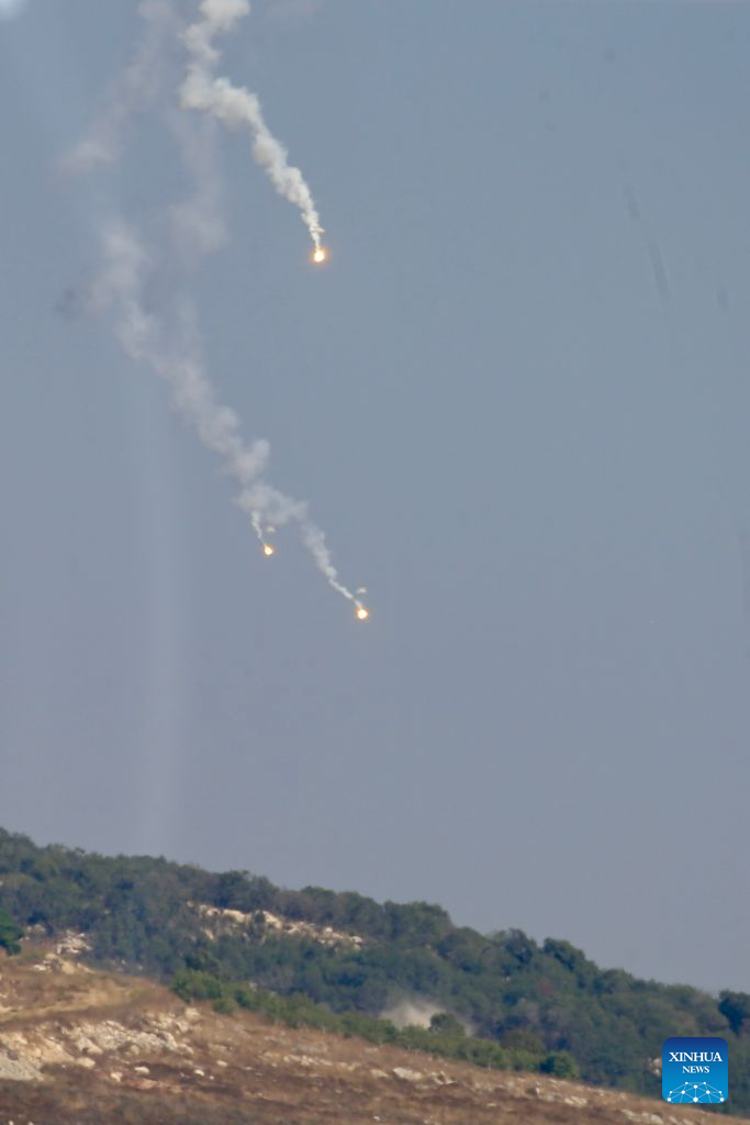 Photo taken on July 29, 2026 shows incendiary shells fired by Israeli artillery fall on Ali Al Taher Hill in Nabatieh, southern Lebanon. (Photo by Ali Hashisho/Xinhua)