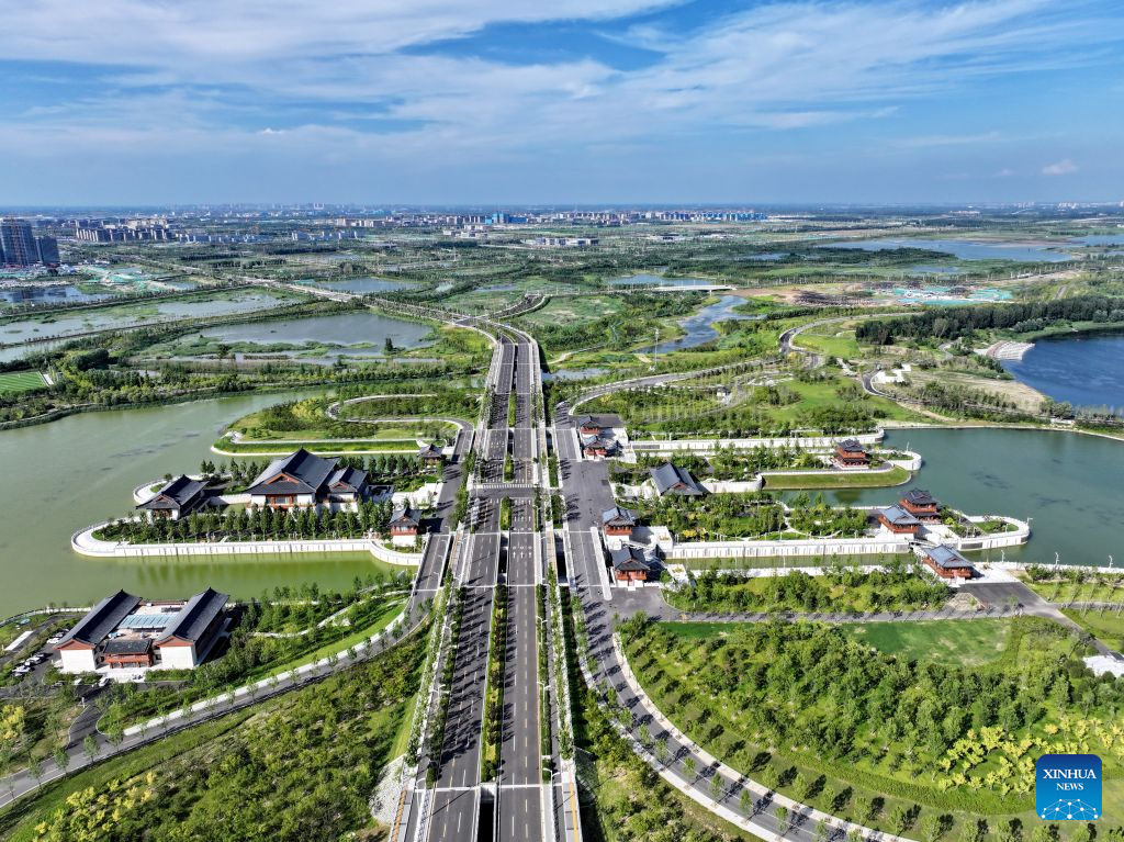 An aerial drone photo taken on Aug. 4, 2026 shows a view of the Nanhe water conservancy hub in Xiong'an New Area, north China's Hebei Province. The Nanhe water conservancy hub in Xiong'an New Area serves as a flood control barrier while also supporting sightseeing and tourism, ecological experiences and inland navigation. (Xinhua/Mu Yu)