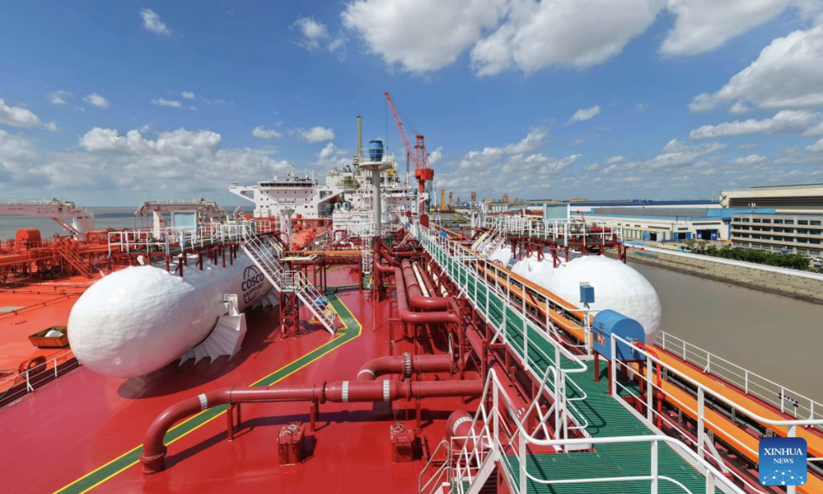 A drone photo taken on Sept. 8, 2026 shows a partial view of the Chang Ping Yuan, a very large gas carrier (VLGC), at a port of COSCO Shipping (Qidong) Offshore Co., Ltd. in Qidong, east China's Jiangsu Province. The independently designed and built 88,000-cubic-meter very large gas carrier (VLGC) Chang Ping Yuan was delivered on Tuesday. The vessel is 230 meters in length and has a moulded depth of 23.85 meters. (Photo by Xu Congjun/Xinhua)