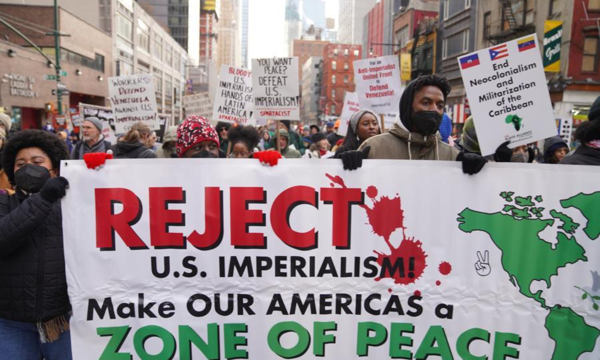 People take part in a protest against the U.S. attacks on Venezuela in New York city, the United States, on Jan. 3, 2026. (Xinhua/Zhang Fengguo)