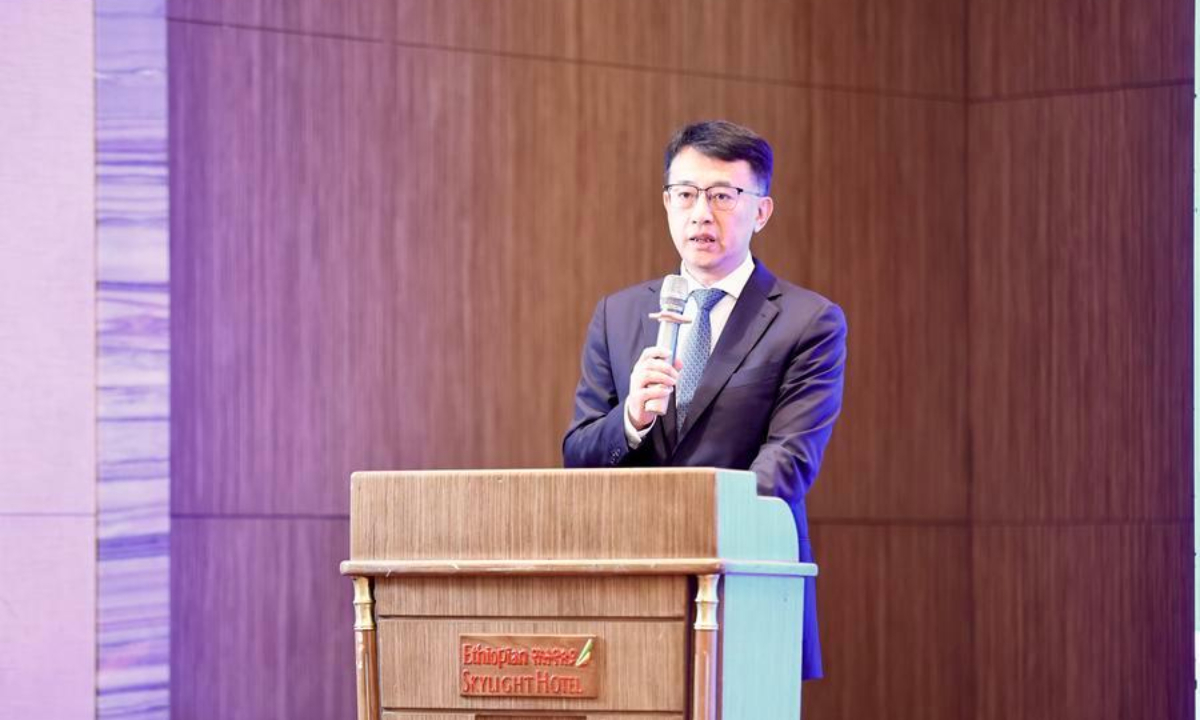 Liu Xiaoguang, minister counselor of the Chinese Embassy in Ethiopia, speaks during a trade promotion event involving China's Yunnan Province and Ethiopia in Addis Ababa, Ethiopia, Sept. 1, 2026. (Xinhua/Geng Xinning)