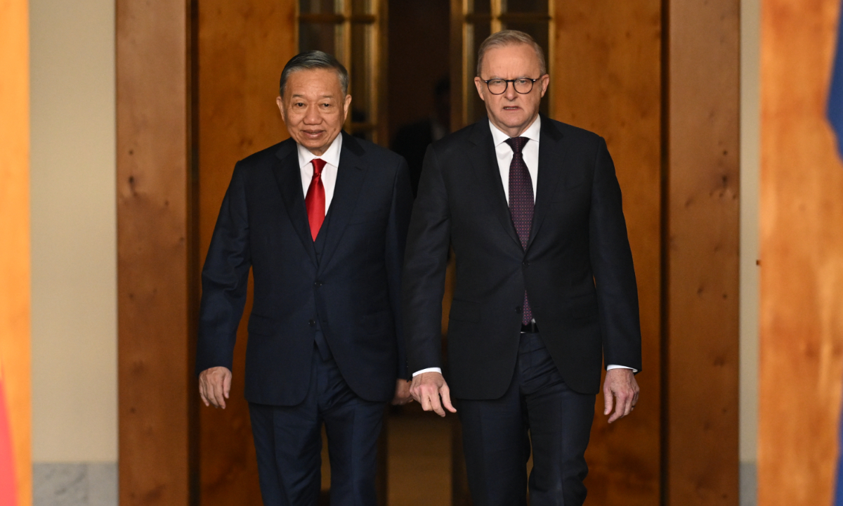 Australian Prime Minister Anthony Albanese (R) and President of Vietnam To Lam arrive for a joint press statement at Parliament House in Canberra, Australia, on August 11, 2026. Photo: VCG