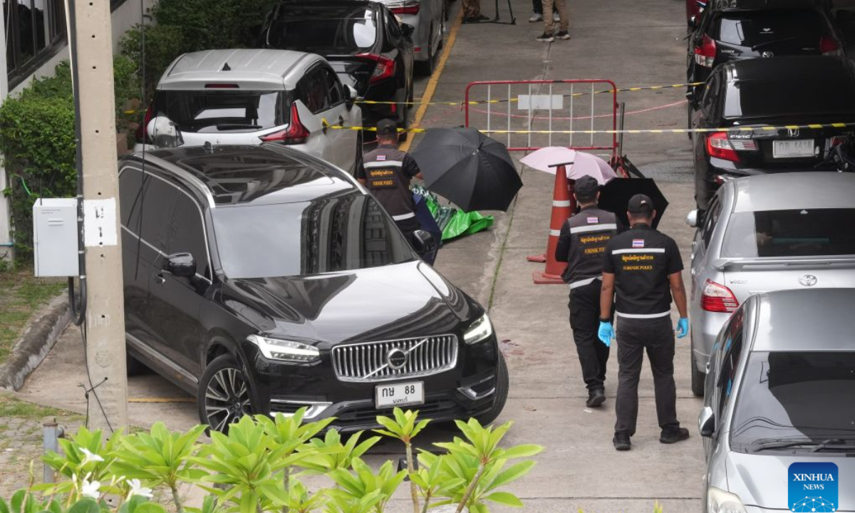 Police officers are on duty at the Nonthaburi Provincial Administrative Organization office building in Nonthaburi province, Thailand, Aug. 10, 2026. A shooting incident occurred at the Nonthaburi Provincial Administrative Organization office building at about 11 a.m. local time. Thongchai Yenprasert, president of the provincial administrative organization, was shot in the head and rushed to the hospital for emergency treatment, and was later confirmed dead. (Xinhua)