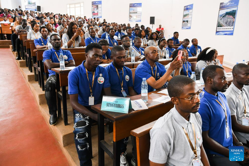 The first batch of program student trainees attend the launching ceremony of Seagull Talent Program in Yaounde, Cameroon, Aug. 3, 2026. China First Highway Engineering Co., Ltd. (CFHEC) launched a training initiative Monday to build local expertise in Cameroon. The Seagull Talent Program was launched in the capital, Yaounde, with senior Cameroonian government officials, Chinese diplomats, faculty from the National Advanced School of Public Works (ENSTP), and the trainees in attendance. The 10-day course brings together 54 participants, including 24 local project staff and 30 ENSTP students. (Xinhua/Kepseu)