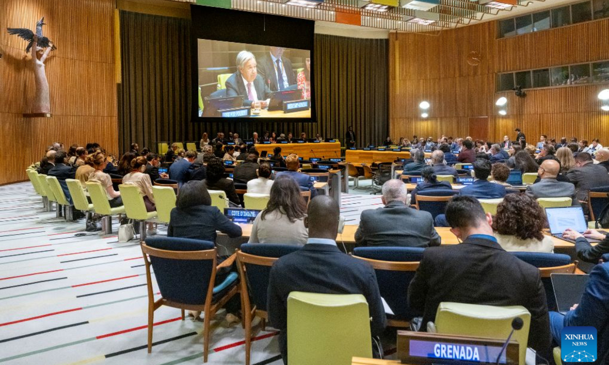 UN Secretary-General Antonio Guterres (on screen) speaks at an informal meeting of the General Assembly at the UN headquarters in New York, on Sept. 3, 2026. Guterres on Thursday called on member states to deepen reform under the UN80 Initiative in the upcoming General Assembly session. (Eskinder Debebe/UN Photo/Handout via Xinhua)