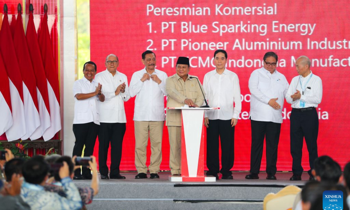 Indonesian President Prabowo Subianto (4th L) attends the launch ceremony for 11 Chinese-backed downstream projects at the Weda Bay Industrial Park in Central Halmahera, North Maluku, Indonesia, Oct. 8, 2026. (Xinhua/Cheng Yiheng)